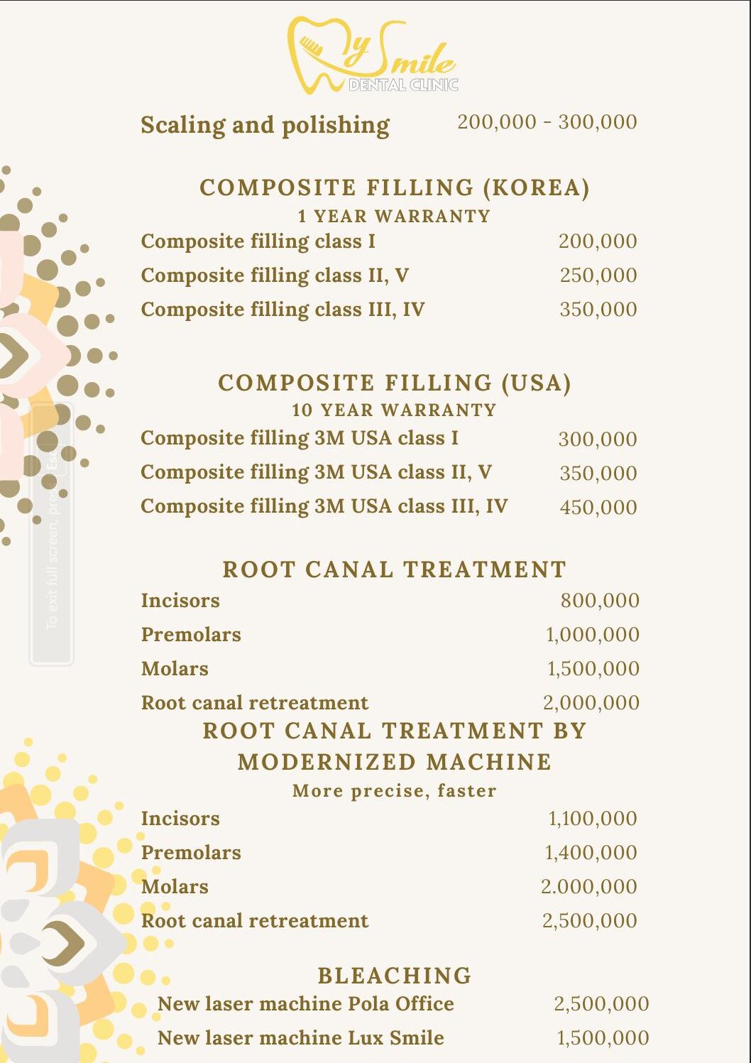 General Dental Service Price List
