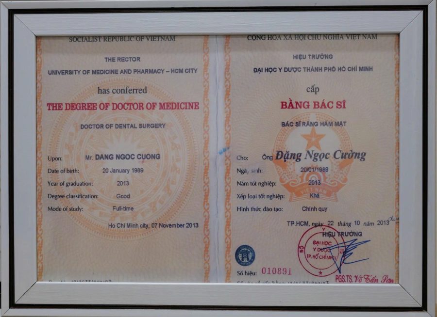 Bằng Bác sĩ Răng Hàm Mặt của BS Đặng Ngọc Cường từ Đại học Y Dược TP.HCM