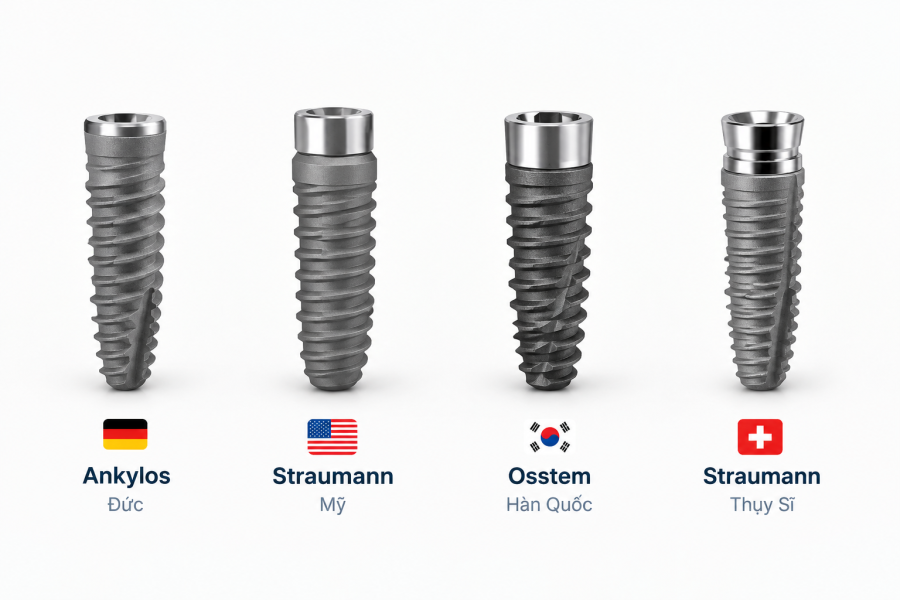 Các dòng trụ Implant chính hãng từ Đức, Mỹ, Hàn Quốc và Thụy Sĩ tại nha khoa.