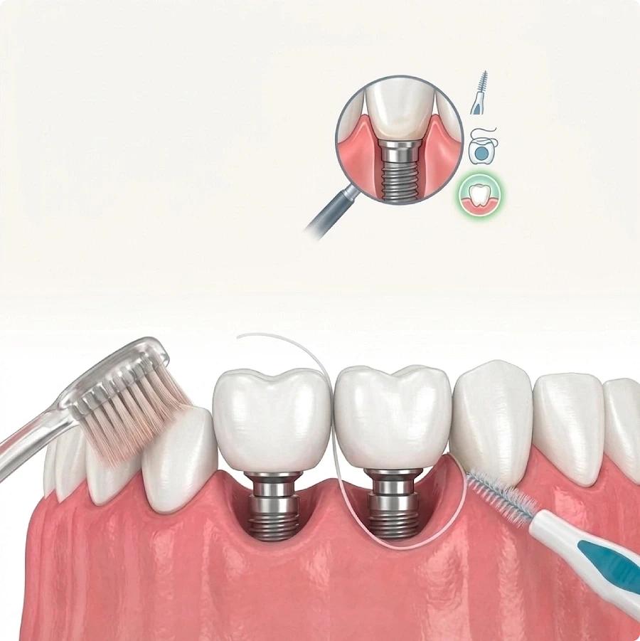 Hướng dẫn vệ sinh răng miệng đúng cách sau cấy ghép bằng bàn chải mềm, chỉ nha khoa và bàn chải kẽ